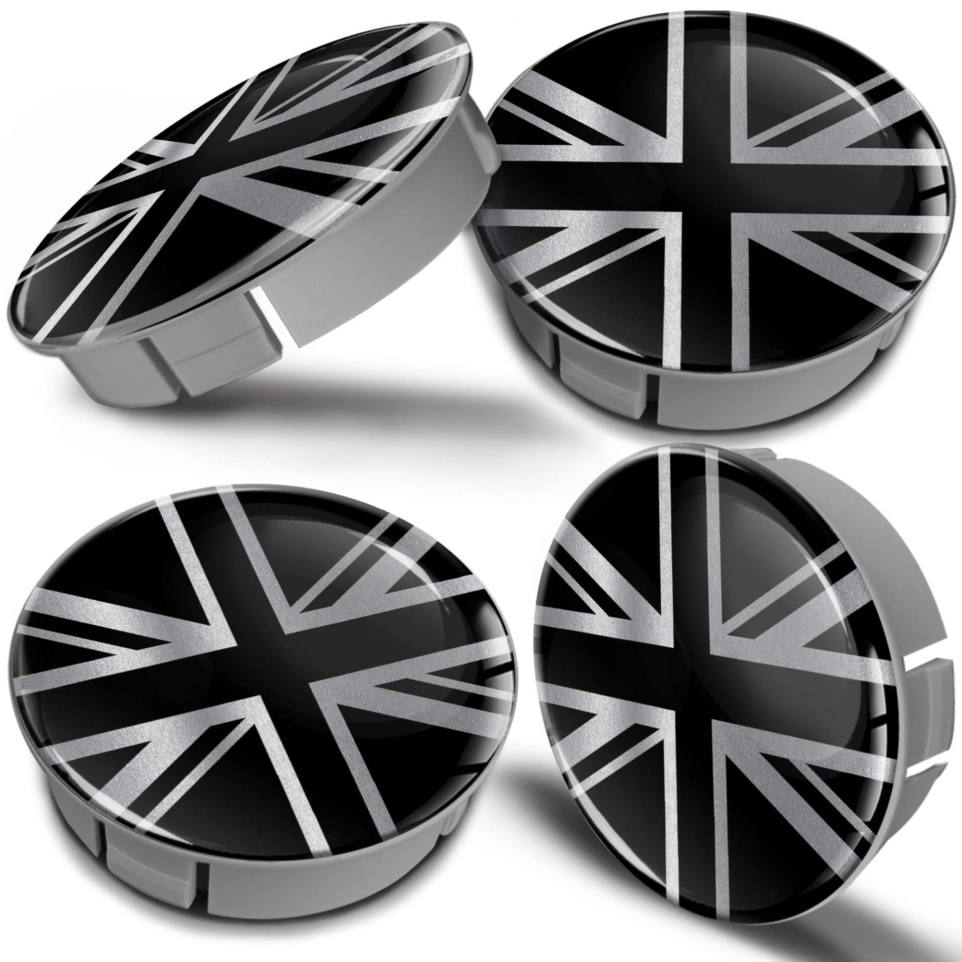 Biomar Labs® 4 x 60mm Kunststoff Nabenkappen Kappen UK Union Jack GB United Kingdom Flagge Fahne Silber Schwarz Felgendeckel Radkappen Radnabendeckel Nabendeckel Auto Tuning CS 17 von Biomar Labs