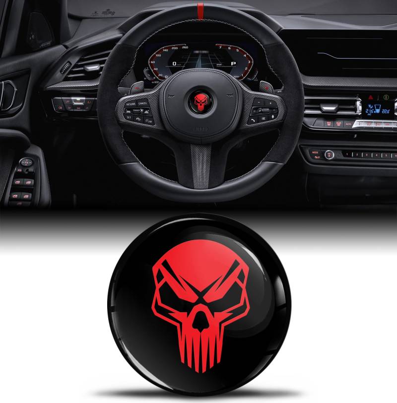 Biomar Labs 3D Silikon Aufkleber Kompatibel mit BMW 36131181082 Emblem Lenkrad 45mm Plakette Zubehör Teile Decals Lenkrad Dekoration Schädel Totenkopf Schwarz Rot V 18 von Biomar Labs