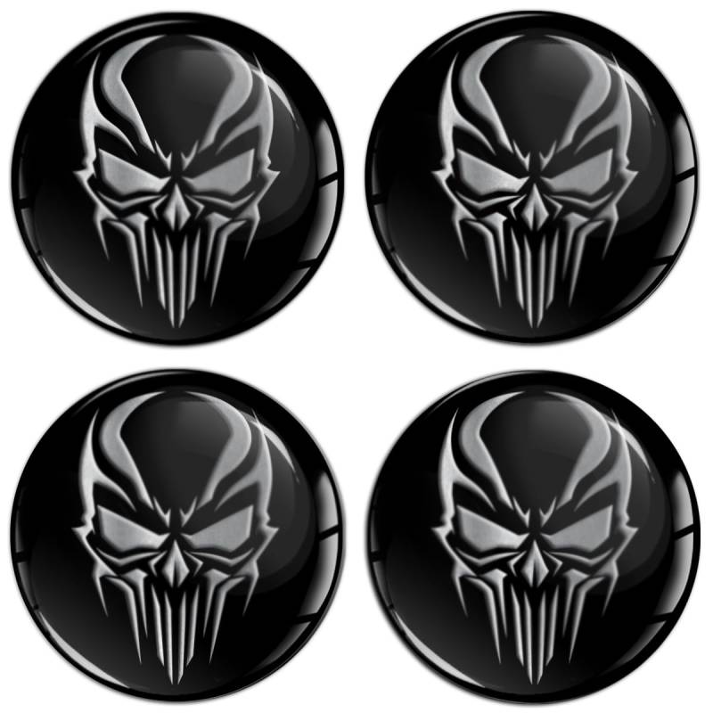 Biomar Labs 4 x 45 mm 3D Gel Silikon Aufkleber für Radkappen Felgendeckel Abdeckung Rad-Aufkleber Schädel Schwarz Silber A 5445 von Biomar Labs
