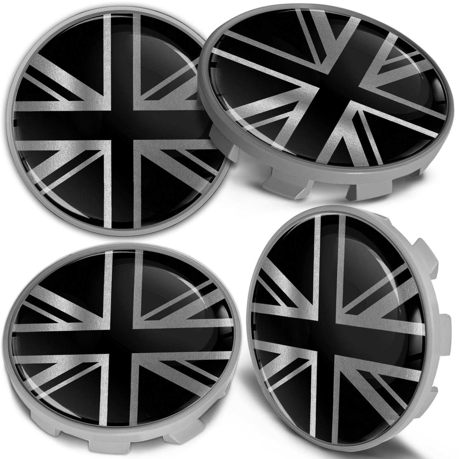 Biomar Labs 4 x 68mm Felgendeckel Nabenkappen Nabendeckel Kappen Radnabendeckel Nabendeckung Radkappen Kompatibel für Artikelnummer 36136783536 Alufelgen Deckel UK Union Jack Flagge Silber CBS 1 von Biomar Labs