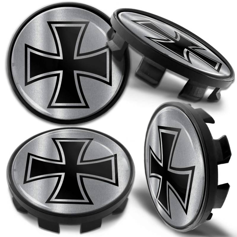 Biomar Labs 4 x 68mm Felgendeckel Nabenkappen Nabendeckel Kappen Radnabendeckel Nabendeckung Radkappen Kompatibel für Artikelnummer 36136783536 Alufelgen Deckel Schwarz Silber Iron Cross CB 24 von Biomar Labs