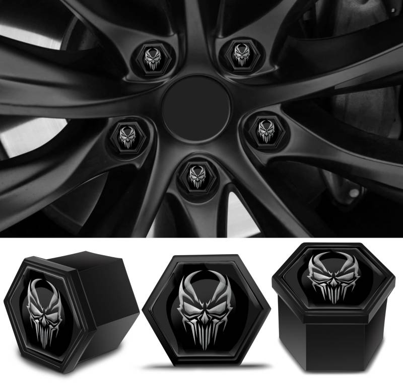 Biomar Labs Set mit 20 Stück Auto-Radmutterkappen, Schraubenabdeckung, 19 mm, universal, mit Entfernungswerkzeug, Schwarz / Silber, Totenkopf, LC 17 von Biomar Labs
