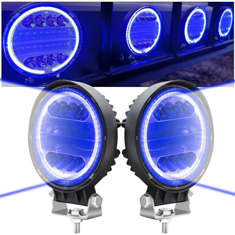 2 x 96 W LED-Arbeitsscheinwerfer, 12.7 cm Halo-Ring, Scheinwerfer, blaue LED-Lichter, Flutlicht, Kombi-Lichter, Offroad-Fahren, Nebelscheinwerfer, 12 V, 24 V, 9600 lm, Boot, LKW von Biqing