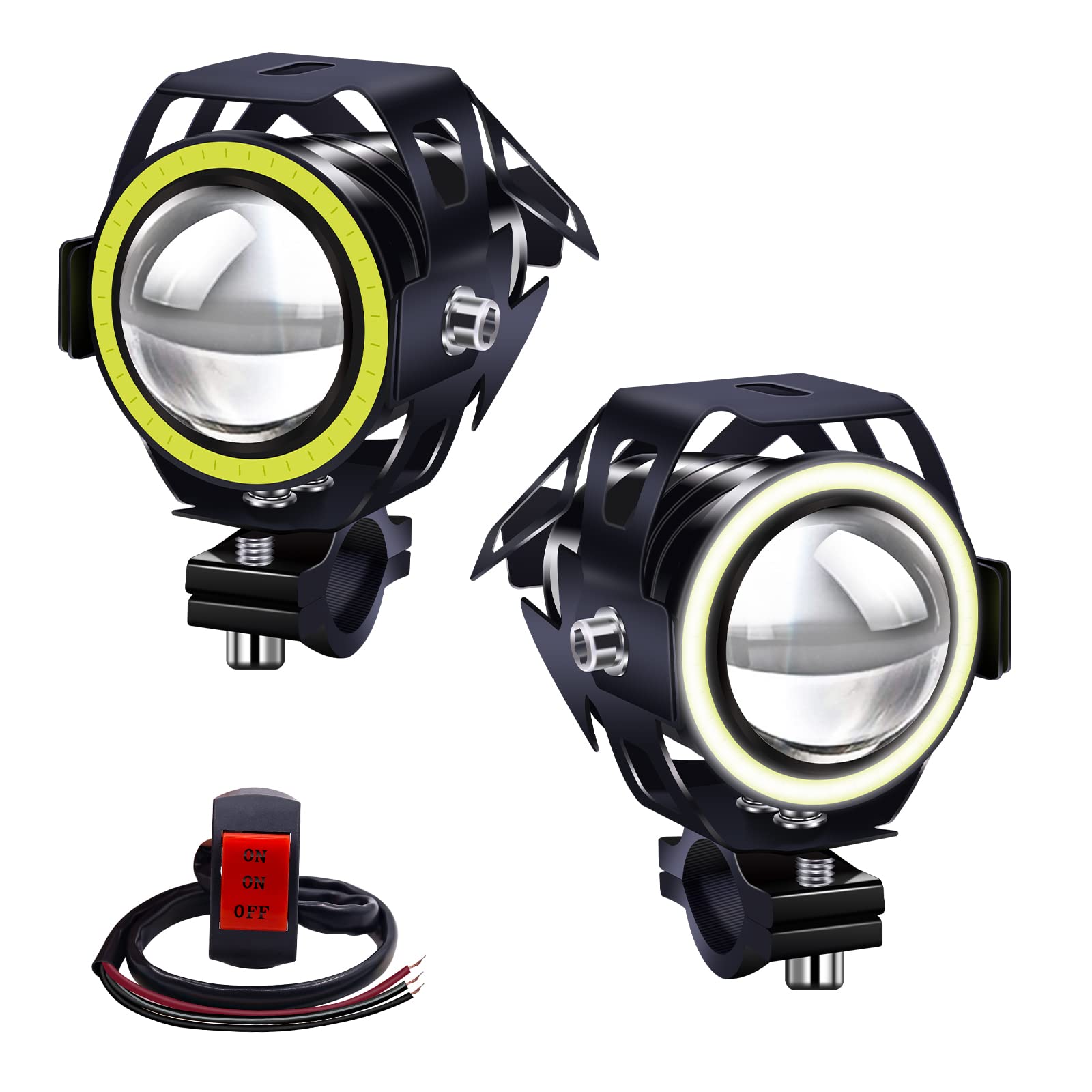 Biqing U7 Motorrad-Scheinwerfer mit Schalter, LED-Nebelscheinwerfer, 12 V, 24 V, Tagfahrlicht mit Fernlicht, Stroboskoplicht, 2 Stück von Biqing