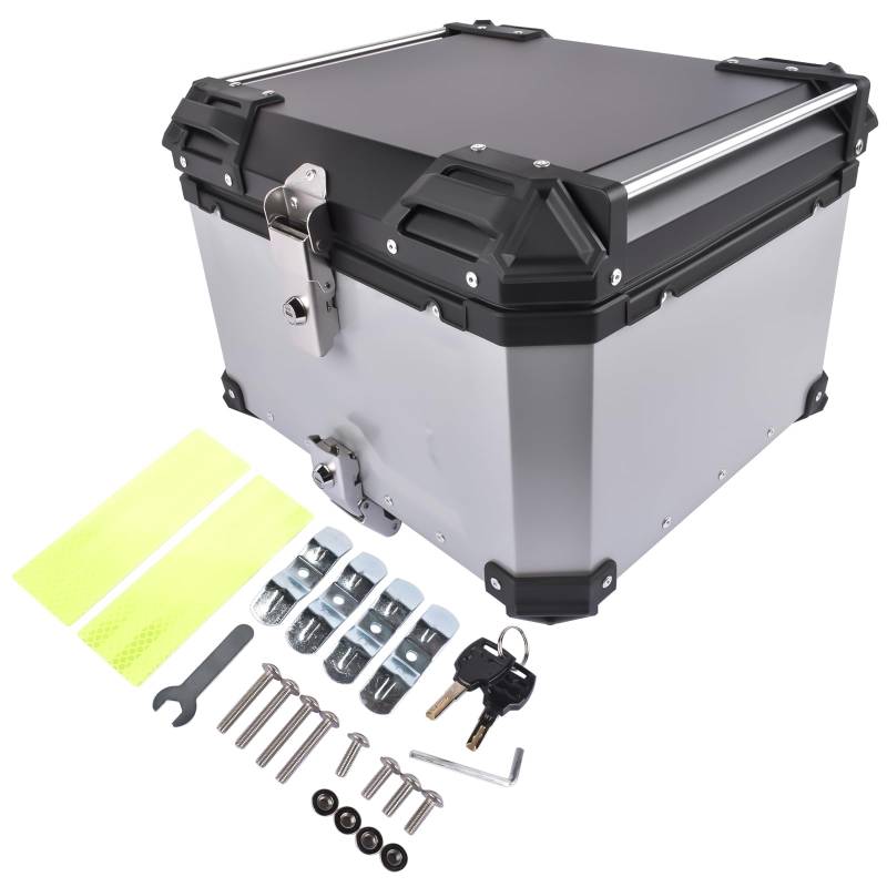 Bisenya 55L Motorrad Topcase Aluminium Motorrad Heckbox Reisen Motorradkoffer mit Sicherheitsschloss für Motorradhelm Helm, Wasserdicht Motorrad Top Box (Silber) von Bisenya