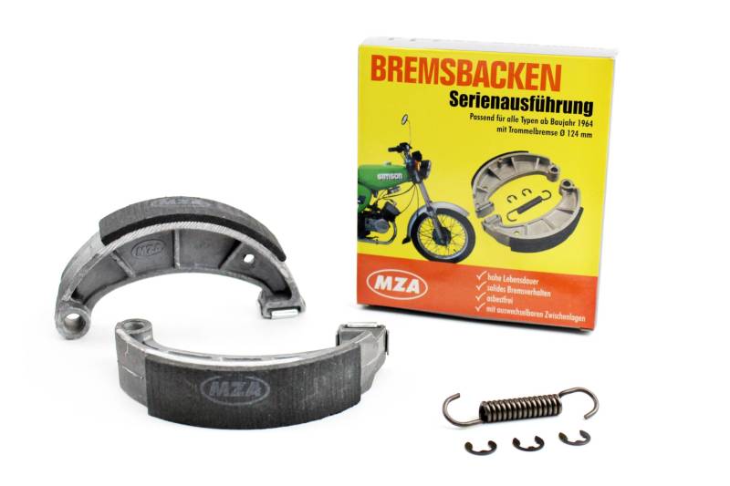 Original Simson Bremsbacken Ø 124 mm mit auswechselbarer Zwischenlage, Bremsbackenfeder, Sicherungsscheiben, KR51, S50, S51, S53, S70, S83, SR4, SR50, SR80 + Sticker von BISOMO