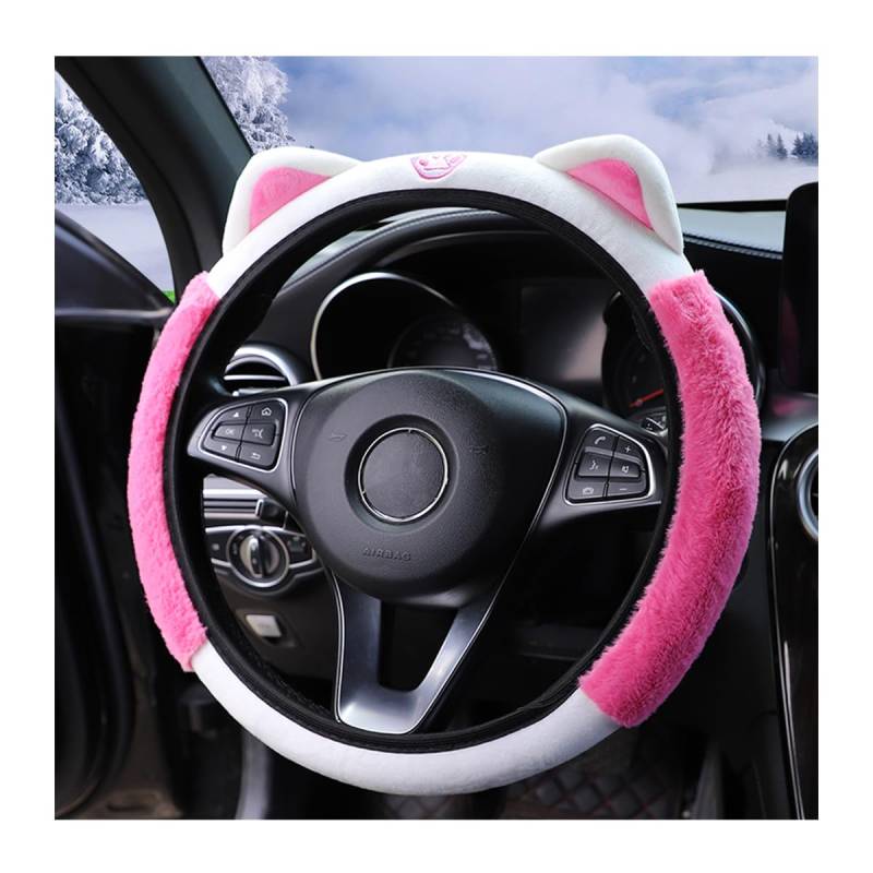 Bittwee Auto Lenkradbezug Flauschig Weich Plüsch für Winter Warm Niedlich Lenkradschoner mit Kitty Katzenohren Universal 15 Zoll Elastisch & Anti-Rutsch Lovely Decor Auto Zubehör Innenraum (Rose Red) von Bittwee