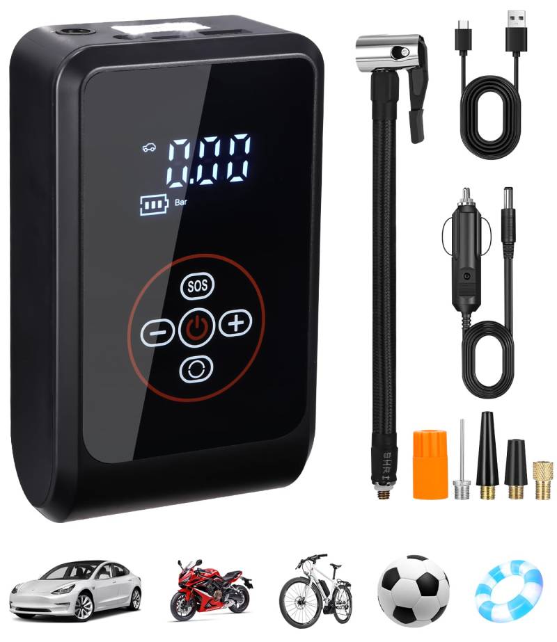 Bixury Elektrische Luftpumpe 150 PSI, 4000mAh Fahrradpumpe Elektrisch 3-in-1 Tragbare, Akku Luftpumpe Fahrrad Mit Digital LED Anzeige，LED Licht, 4 Modi，Geeignet für Auto, Fahrräder, Motorräder, Bälle von Bixury