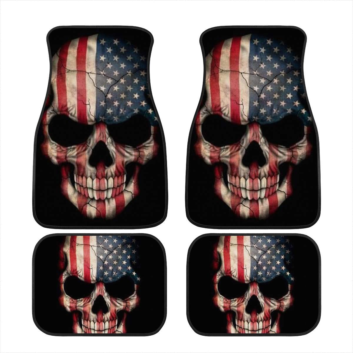Biyejit Auto-Fußmatten mit amerikanischer Flagge, Totenkopf-Motiv, vorne und hinten, vollständiges Set mit rutschfester Gummi-Rückseite, Auto-Bodenmatte, Fersenschutz, Allwetterschutz, 4er-Set von Biyejit