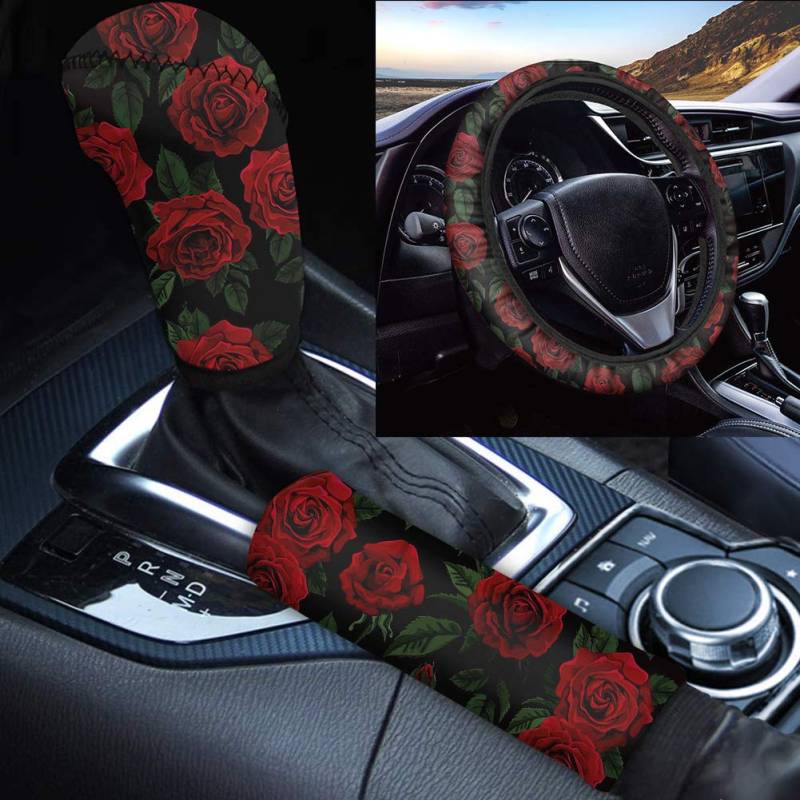 Biyejit Auto-Lenkradbezug mit Rosen-Druck, mit Handbremsenabdeckung, Schalthebel-Set, universelle Passform von Biyejit