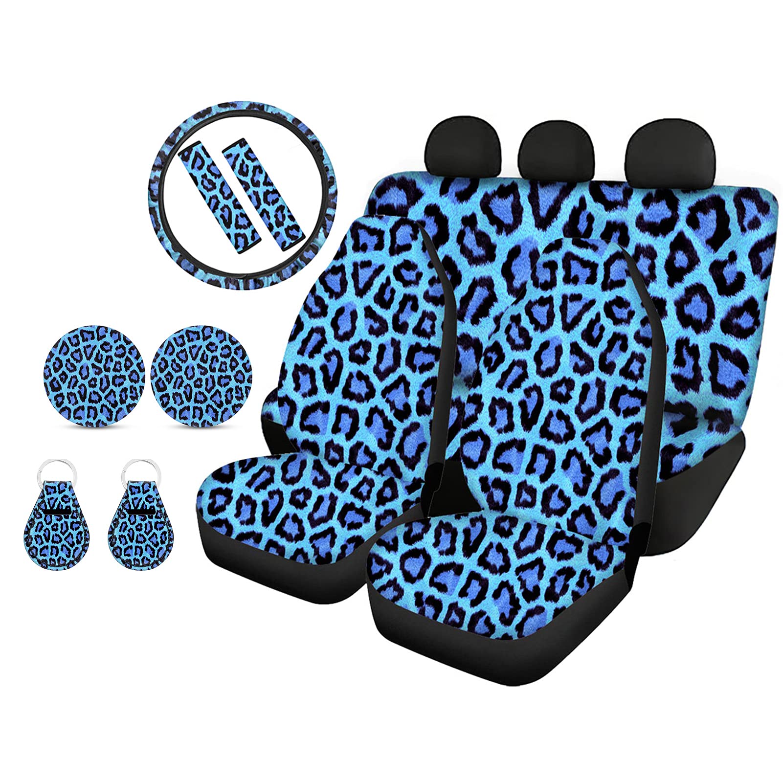 Biyejit Autositzbezug mit blauem Leopardenmuster, für Vorder- und Rücksitz, komplettes Set, 11-teilig, mit Lenkradbezug + Sicherheitsgurtbezug + Untersetzer + Schlüsselanhänger, universelle Passform von Biyejit