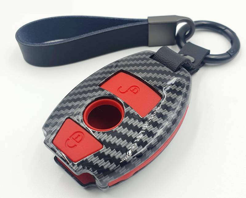 BizTech ® Autoschlüssel-Hülle, kompatibel mit Mercedes Benz Carbon Fiber Effekt Smart Key Fob Car Remote Case + Schlüsselanhänger & Karabiner Clip (rot, Stil B) von BizTech