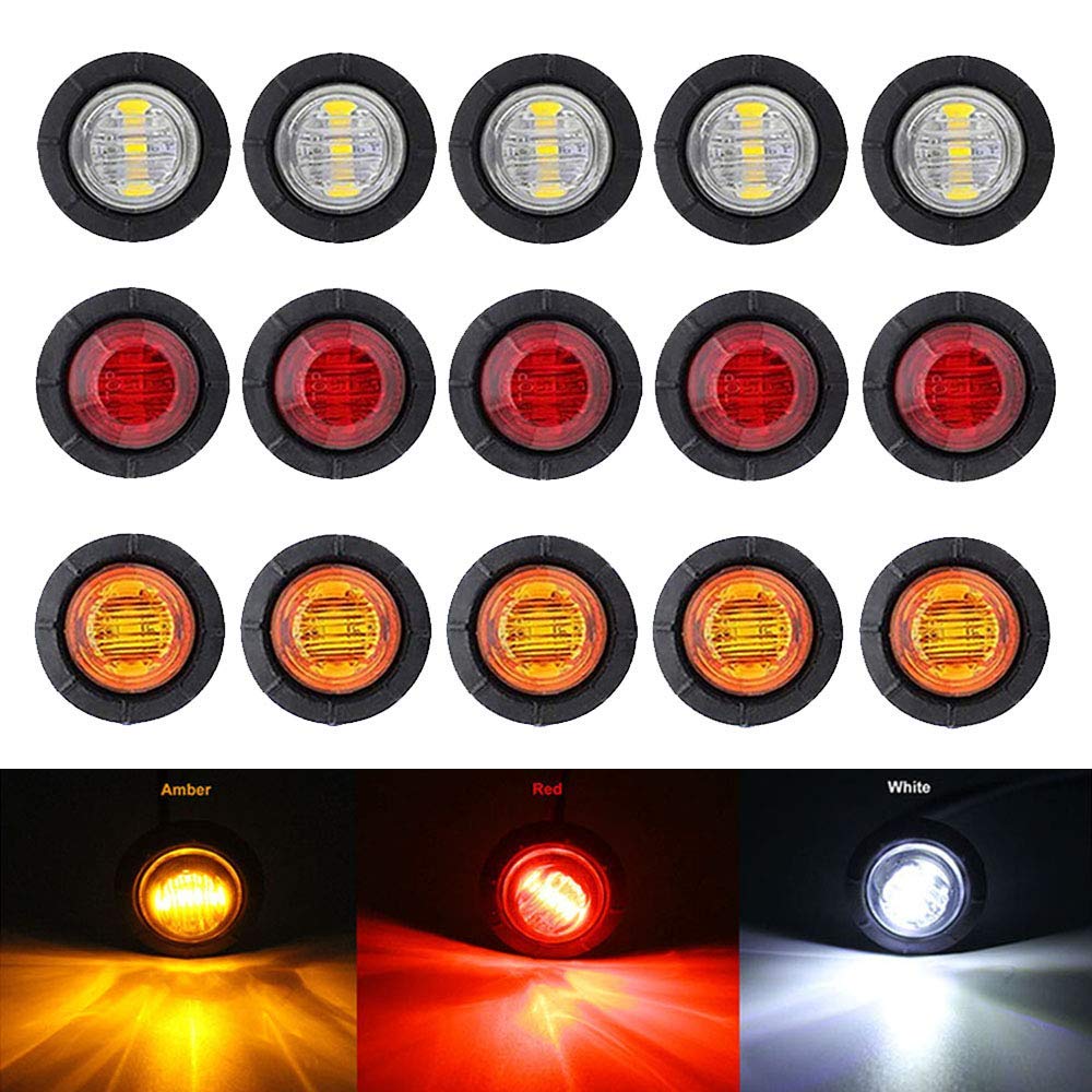 Bkinsety 15Pcs 3/4 " Runde LED Vorne Hinten Seitenmarkierungsanzeigen Licht Universal für LKW Anhänger Van Caravan Auto (Rot + Weiß + Gelb) von Bkinsety