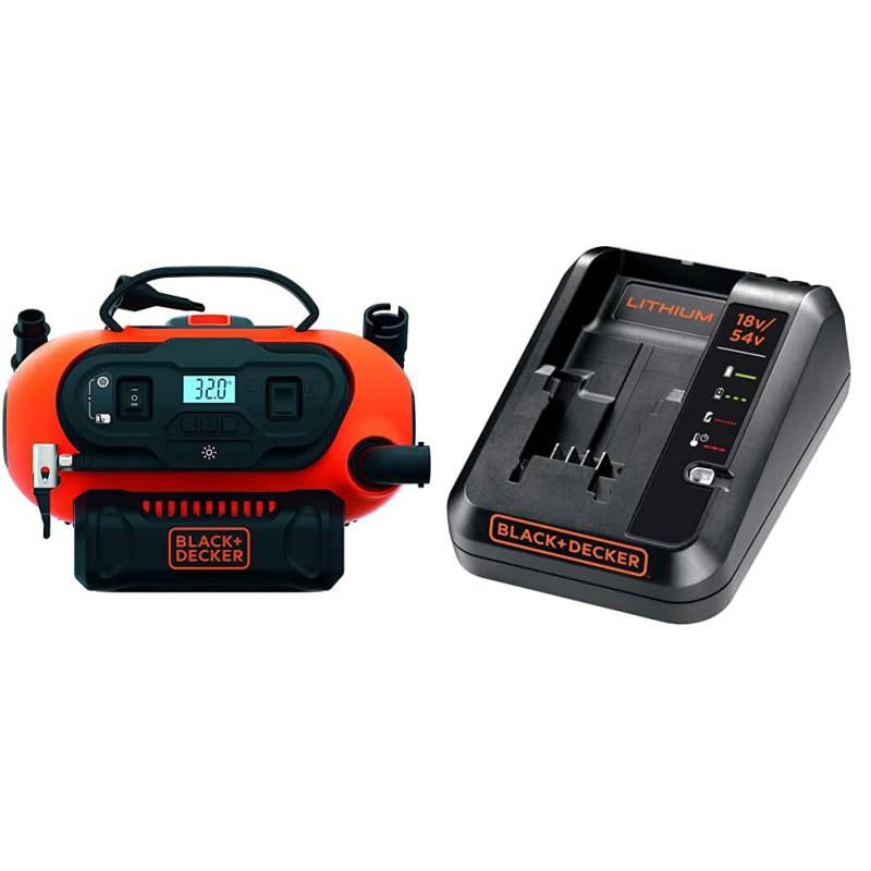 Black+Decker BDCINF18N-QS 11.0 Bar Kompressor/Luftpumpe (mögliche Stromquelle: 12V-/230V-Anschluss oder 18V Akku) & Ladegerät (18V/54V, 2 A, für das 54V-Akku-System) BDC2A von Black+Decker