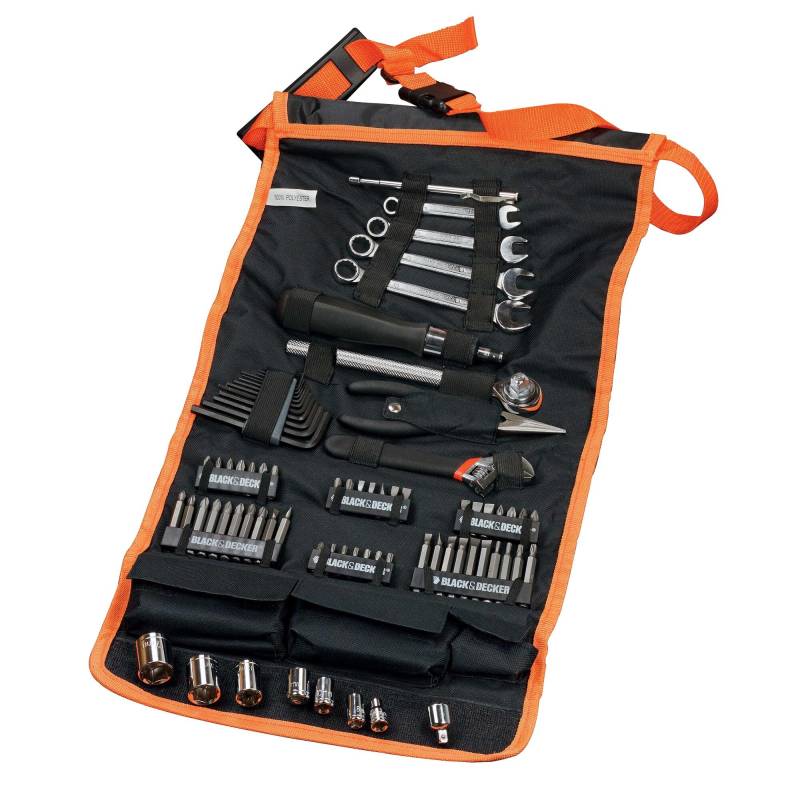 BLACK+DECKER Auto Zubehör-Set 77-teilig mit allen Drehmomentschlüsseln für Auto Schraubendreher Set Bit Set für Auto Kfz Werkzeug-Set in einer Rolltasche mit Autowerkzeug-Zubehör - A7063 von BLACK+DECKER