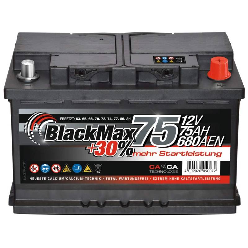 Autobatterie 12V 75Ah 680A BlackMax PKW Batterie ersetzt 65Ah 70Ah 72Ah 74Ah von BlackMax