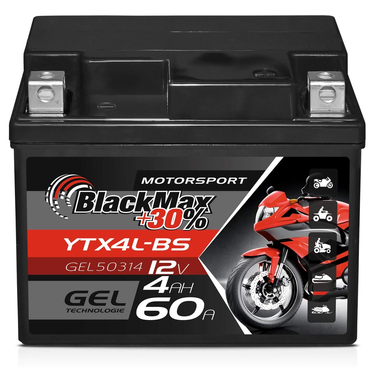 BlackMax CTX4L-BS Motorradbatterie YTX4L-BS GEL 12V 4Ah Roller Batterie 50314 von BlackMax