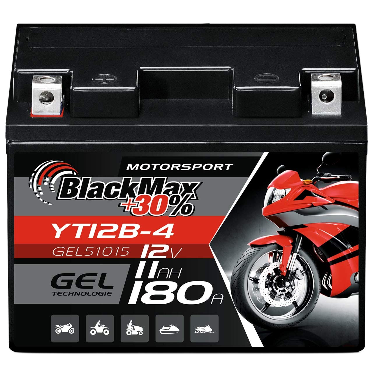 BlackMax GT12B-4 Motorradbatterie GEL 12V 11Ah YT12B-4 Batterie 51015 CT12B-4 von BlackMax