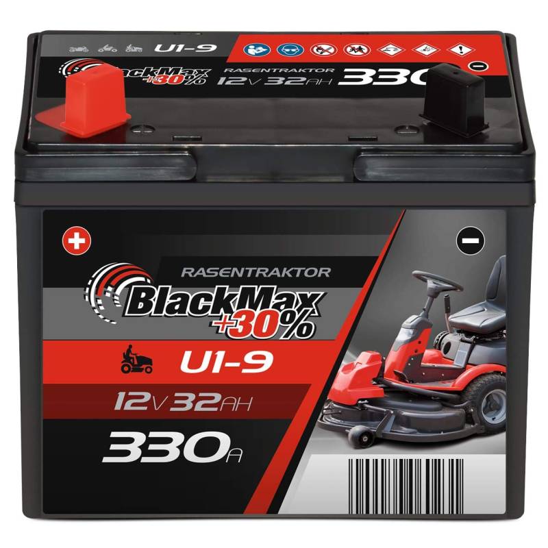 BlackMax Rasentraktor Batterie 12V 32Ah 330A (Pluspol links) - U1-9 +30% Starterbatterie (12 Volt) für Aufsitzmäher und Rasenmäher-Traktoren - wartungsfrei & wiederaufladbar von BlackMax