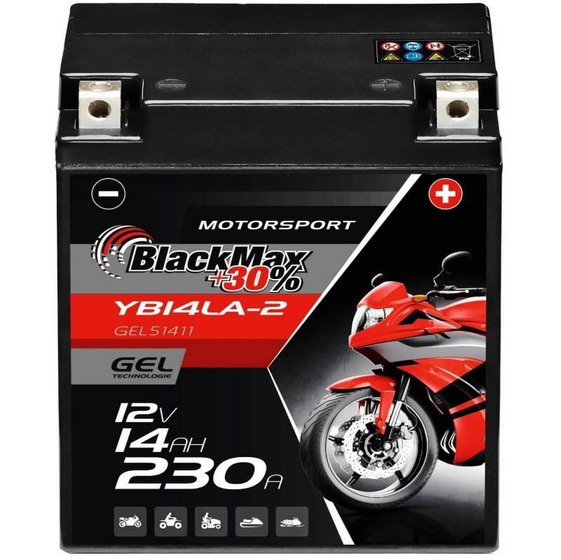 BlackMax YB14L-A2 GEL Motorradbatterie 12V 14Ah Batterie 51411 12N14-3A FB14L-A2 von BlackMax