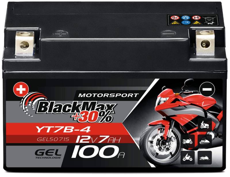 BlackMax YT7-B4 Motorradbatterie GEL 12V 7Ah YT7B-4 YT7B-BS Batterie FT7B4 GT7B4 von BlackMax
