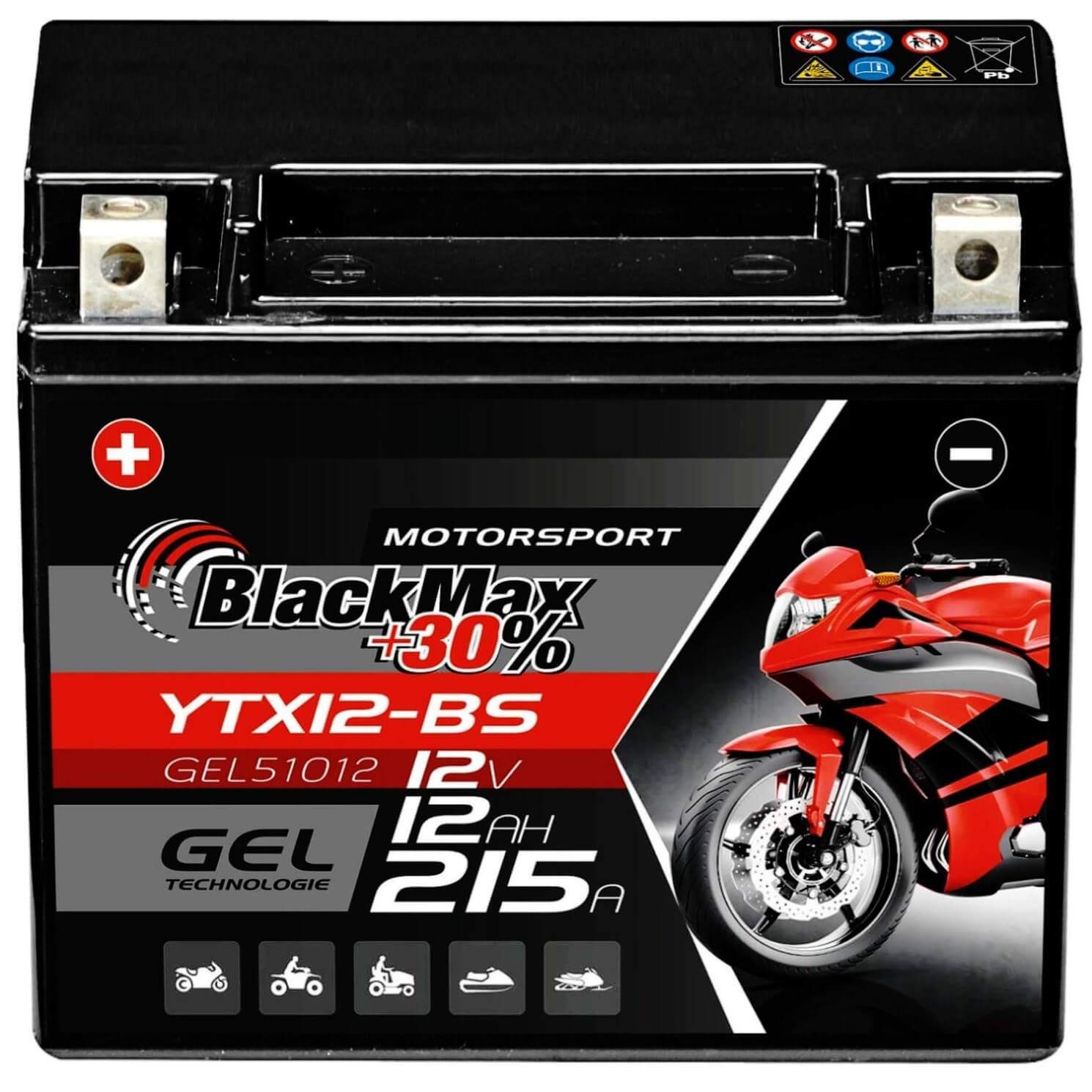 BlackMax YTX12-BS Motorradbatterie GEL 12V 12Ah CTX12-BS Batterie 51012 Quad von BlackMax