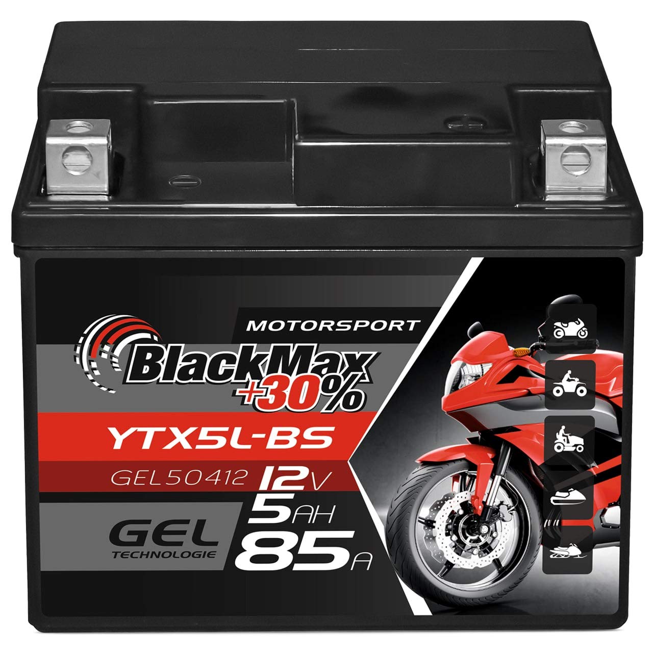 BlackMax YTX5L-BS Motorradbatterie GEL 12V 5Ah YTX5L-4 Batterie Roller CTX4L-4 von BlackMax
