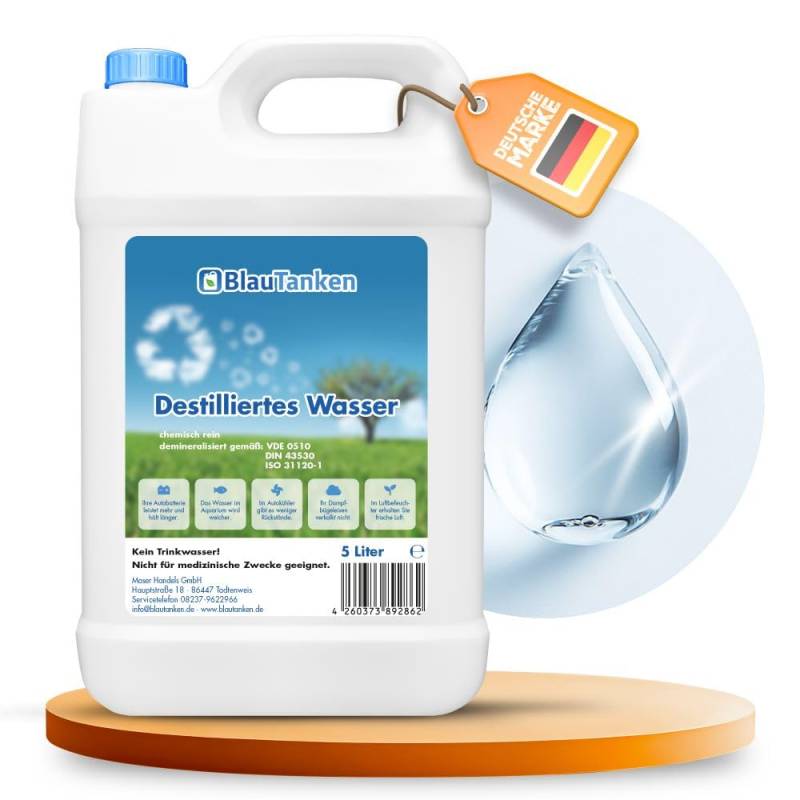 Blautanken 1x Destilliertes Wasser 5l Kanister - Demineralisiertes Wasser gemäß VDE 0510 - Destiliertes Wasser für Auto, Aquarium, Dampfbügeleisen u.v.m. - Distilled Water - Chemisch rein von Blautanken