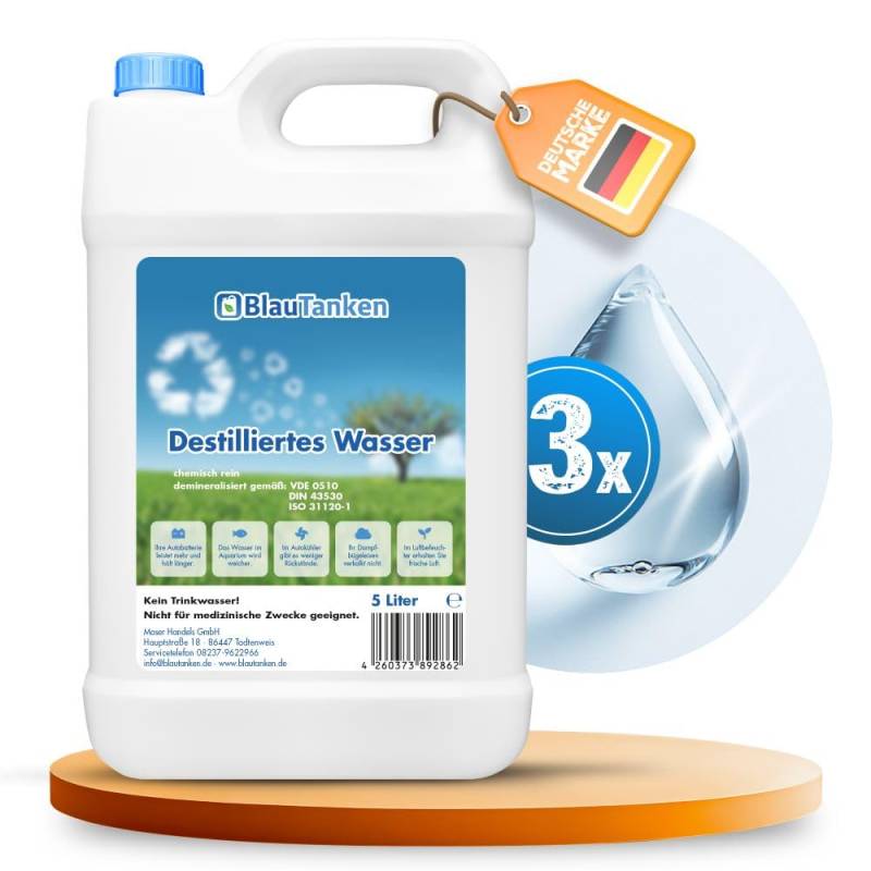 Blautanken 3X Destilliertes Wasser 5l Kanister - Demineralisiertes Wasser gemäß VDE 0510 - Destiliertes Wasser für Auto, Aquarium, Dampfbügeleisen u.v.m. - Distilled Water - Chemisch rein von Blautanken