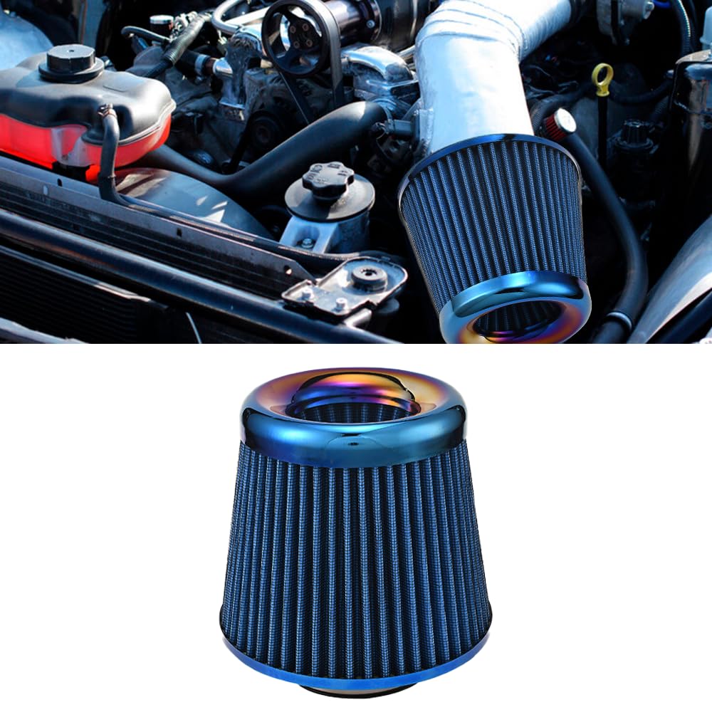Blueshyhall Auto Luftfilter, 3 Zoll / 76 mm Universal Sportluftfilter für Motor Innenraum Waschbar und Wiederverwendbar, High Flow Brünierung Einlass Lufteinlass Filter für Auto, Motorrad (Blau) von Blueshyhall