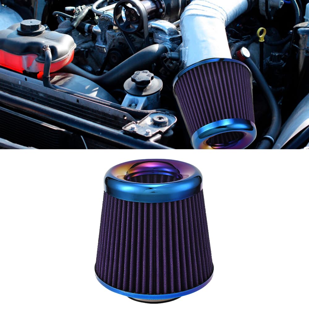 Blueshyhall Auto Luftfilter, 3 Zoll / 76 mm Universal Sportluftfilter für Motor Innenraum Waschbar und Wiederverwendbar, High Flow Brünierung Einlass Lufteinlass Filter für Auto, Motorrad (Lila) von Blueshyhall