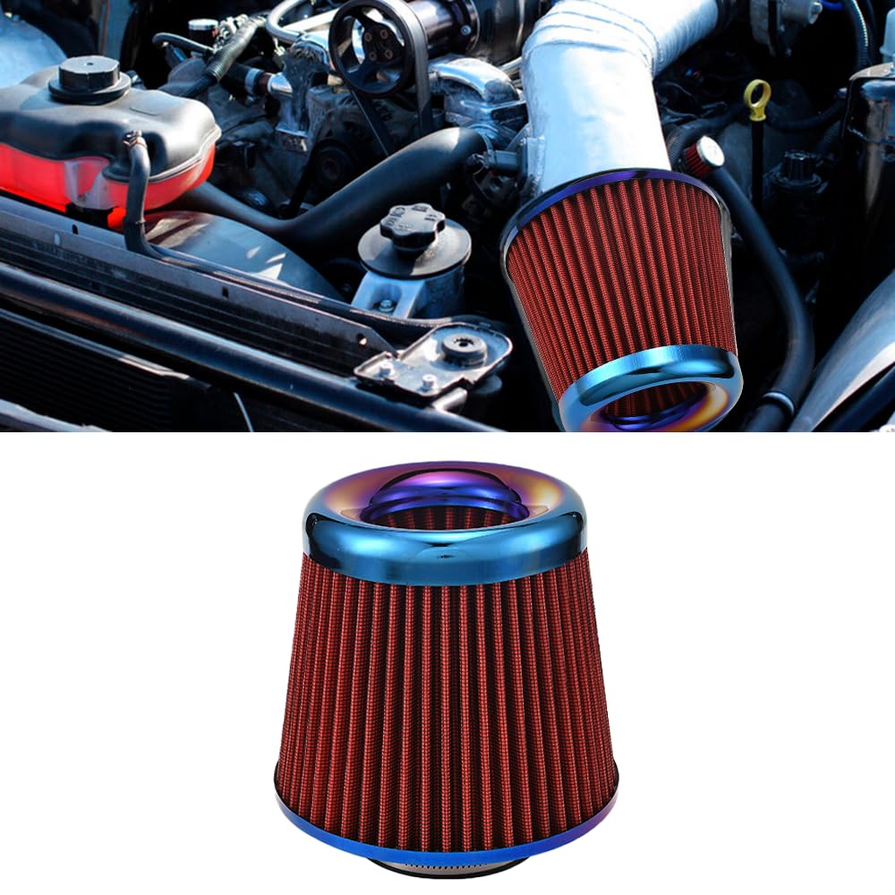 Blueshyhall Auto Luftfilter, 3 Zoll / 76 mm Universal Sportluftfilter für Motor Innenraum Waschbar und Wiederverwendbar, High Flow Brünierung Einlass Lufteinlass Filter für Auto, Motorrad (Rot) von Blueshyhall