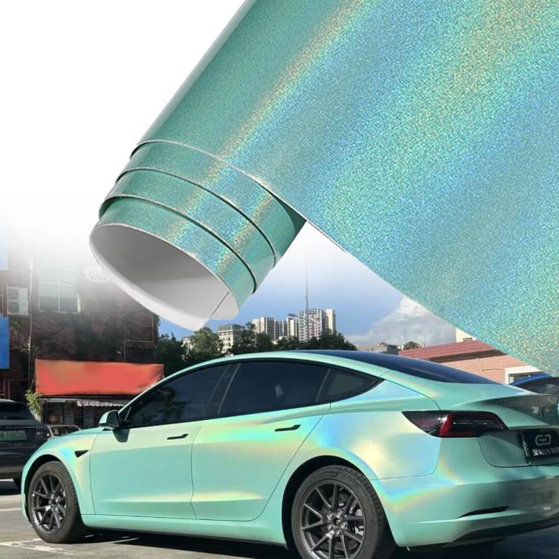 Blueshyhall Autofolie Grün Glitzer, Autofolie Grün Glänzend mit Regenbogen Effekt, Car Wrapping Folie Metallic Bunt Selbstklebend, Tuning Folie Innen Außen für Auto Motorrad Fahrrad (75 x 152cm) von Blueshyhall