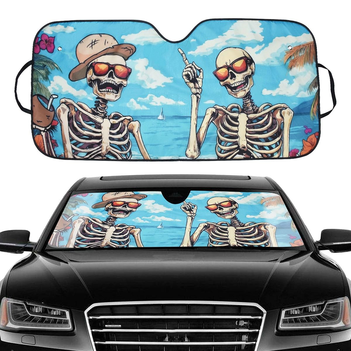Blueshyhall Sonnenblende Auto mit Totenkopf Skelett Motiv, Auto Sonnenschutz Frontscheibe Innen Abdeckung Vorne aus Aluminiumfolie mit Saugnapf, Auto Sunshade Lustig Sommer für PKW (137 x 70 cm) von Blueshyhall