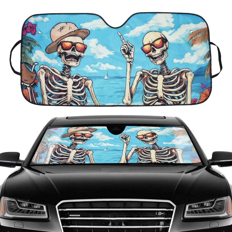 Blueshyhall Sonnenblende Auto mit Totenkopf Skelett Motiv, Auto Sonnenschutz Frontscheibe Innen Abdeckung Vorne aus Aluminiumfolie mit Saugnapf, Auto Sunshade Lustig Sommer für PKW (145 x 70 cm) von Blueshyhall
