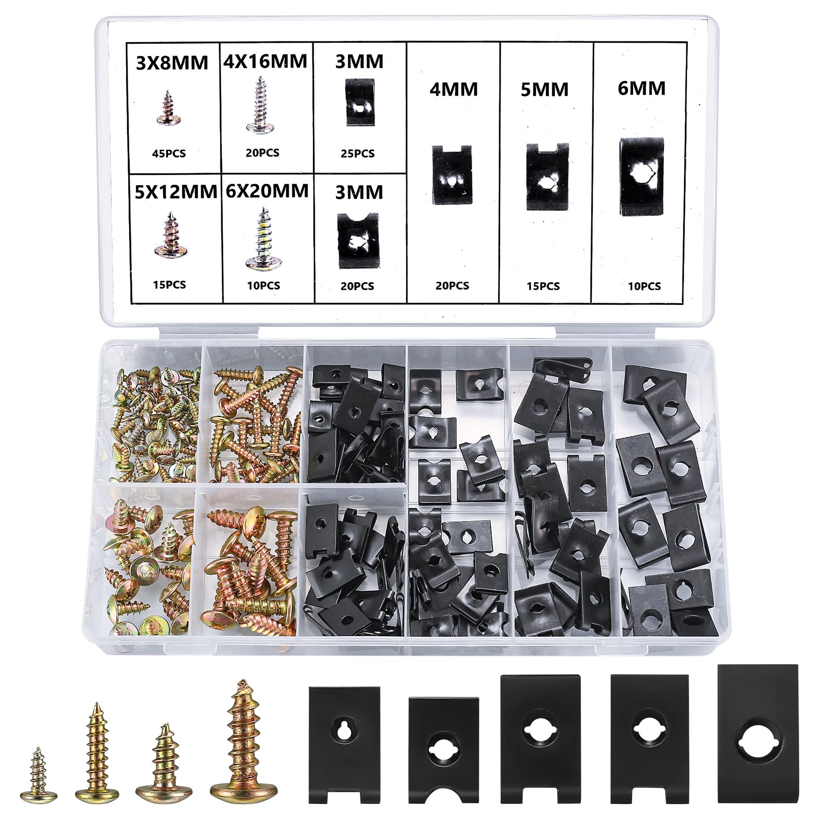 180 Stk Kfz Schraube Mutter Clip Kit, einschließlich 90 Stk Kreuzkopf Karosserieschrauben, 90 Stk U Typ Auto Befestigung Clips, Kotflügelclip Blechmuttern Schrauben Karosserie-Klemmen für Auto Kfz von Bnnrjia