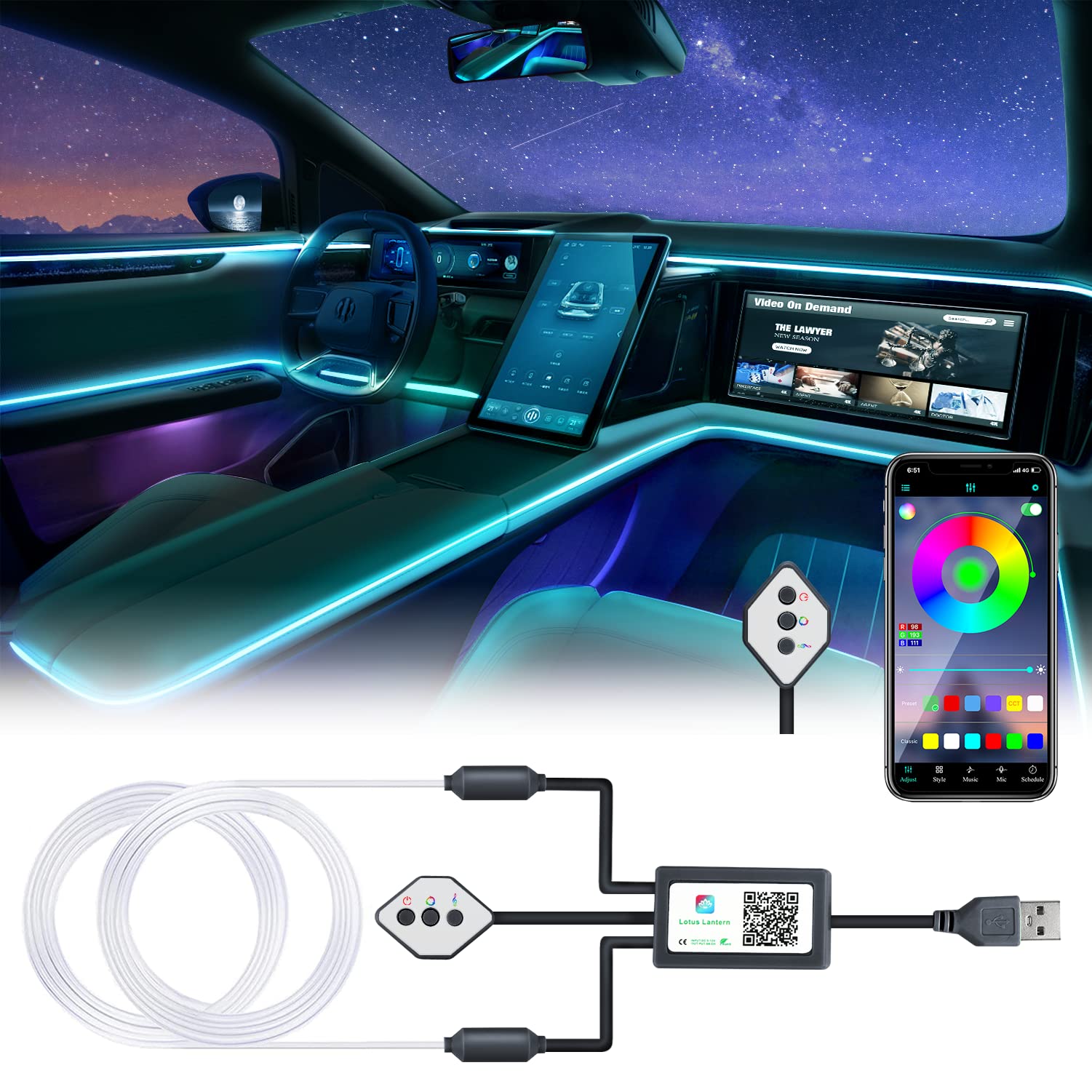 Boadw LED Innenbeleuchtung Auto 5V 5050 RGB Ambientebeleuchtung Auto 4m,Led Strip Auto mit APP、Tastensteuerung,Innenraum Atmosphärenlicht USB-Neonlicht Musiklichtleiste Schwarzes Kabel von Boadw