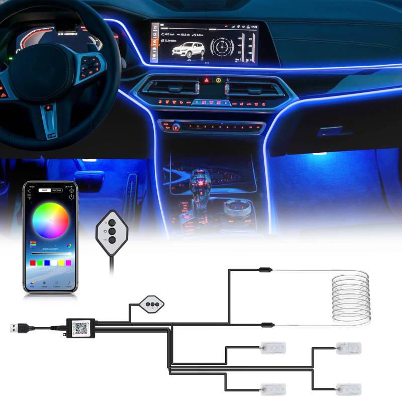 Boadw LED Innenbeleuchtung Auto mit 4 Stück RGB Ambientebeleuchtung Auto,4m Led Strip Auto mit APP、Tastensteuerung,Innenraum Atmosphärenlicht USB-Neonlicht Musiklichtleiste 5-12V von Boadw