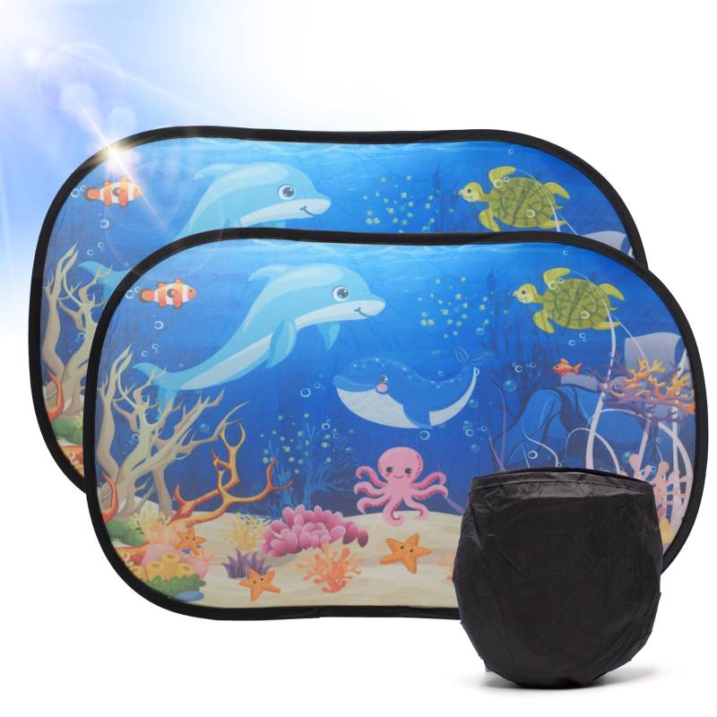 Set mit 2 Sonnenblenden für Auto, Kinder, 51 x 31 cm, Sonnenschutz für Auto und Kinder, UV-Schutz garantiert, Verdunkelung für Autofenster, selbstklebend, universal, Design Wal Ozean von Bodega