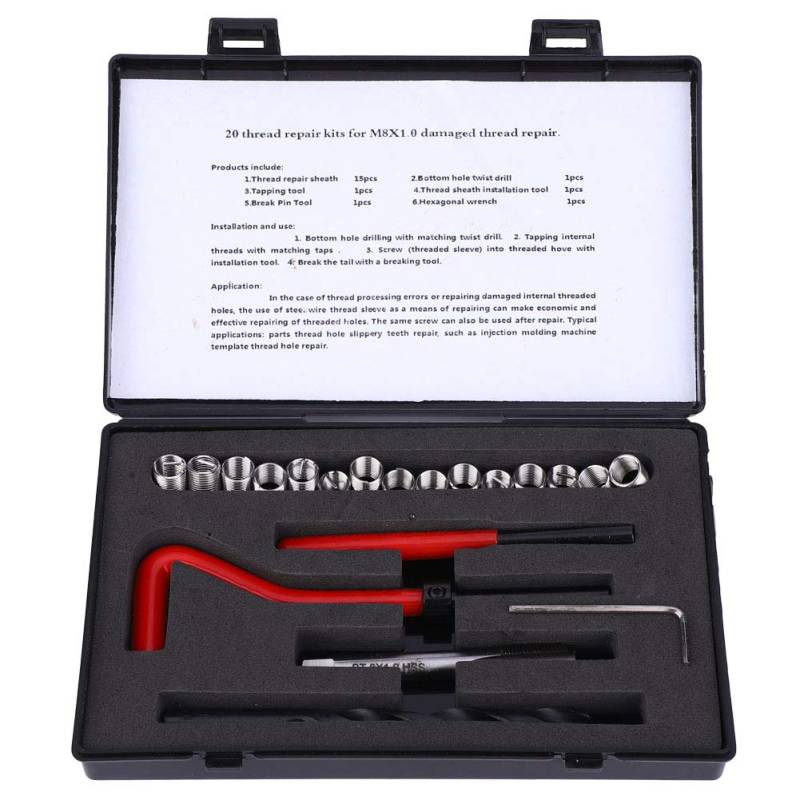 20 Pcs M8x1 Stainless Steel Thread Repair Kit, to Use Rethreading Tap Set for Female Thread Repairing, Includes Spiral Drill, Screw Tap, Wrench, Break Pin Tool, Hex Wrench von Bognajin