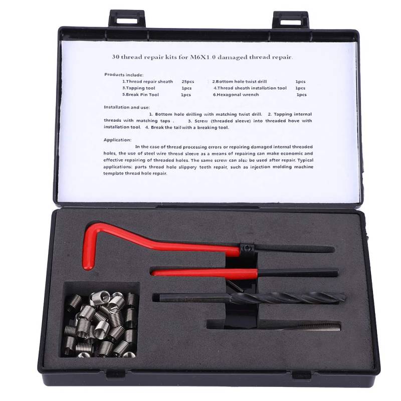 30Pcs M6x1 Thread Repair Kit, Stainless Steel, Includes Twisted Drill, Tap, Wrench, Breaker, Hex Wrench and 25 Threaded Inserts, for Metric Imperial Units Threaded Hole Conversion von Bognajin