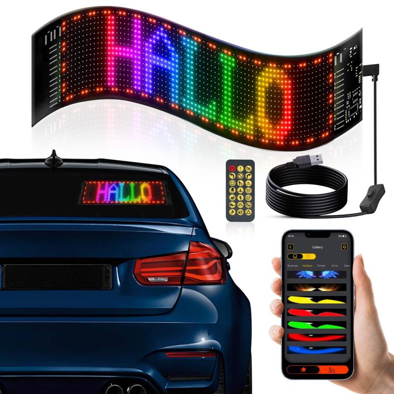 BokiHuk LED Laufschrift Programmierbar, 34.8x10.2cm Flexible Anzeigetafel mit App und Fernbedienung, RGB LED Augen für Auto, LKW, Bar, Geschäfte, DIY, Partydekoration von BokiHuk
