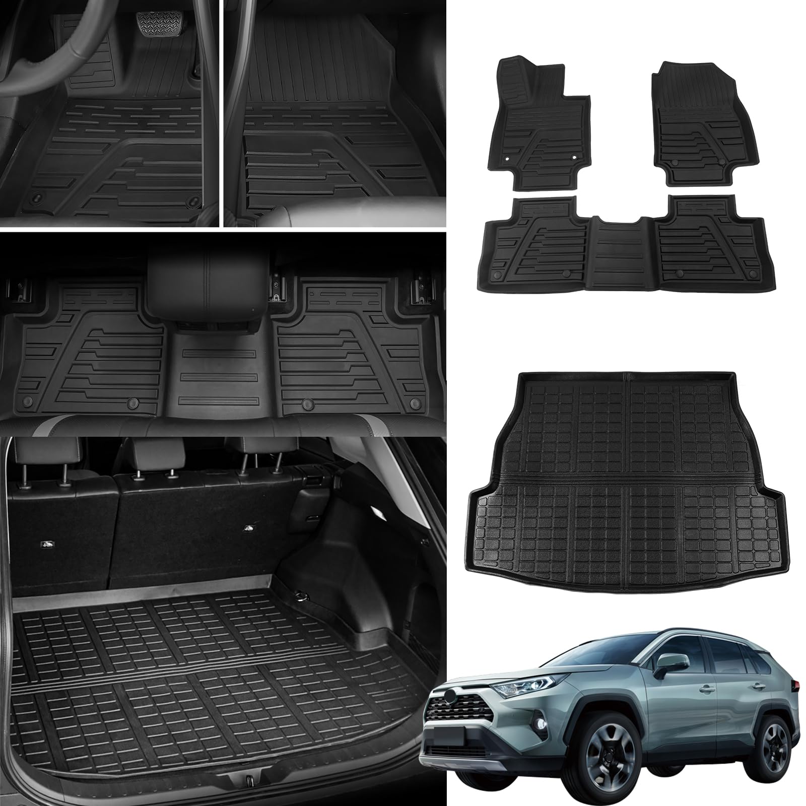 Bomely Fußmatten Kompatibel mit 2019 2020 2021 2022 2023 Toyota Rav4 Cargo Mat TPE Frunk Mat Allwetter Cargo Liner Heckkoffermatte für Toyota Rav4 Zubehör (Set mit 4 Matten) von Bomely