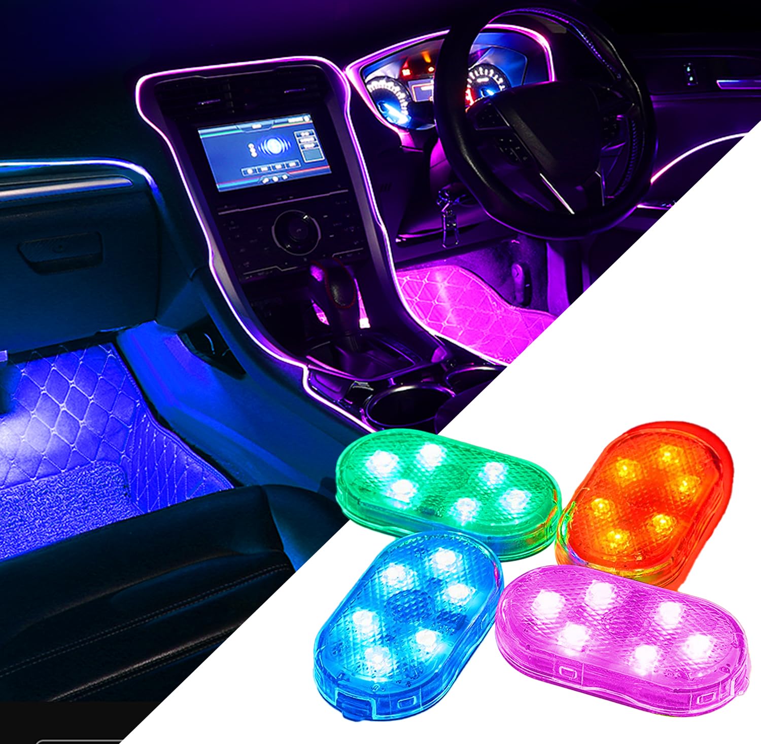 Car Led Interior Light, 4 Stück LED-Licht RGB 7 Farben Ambiente-Beleuchtung für Auto, wiederaufladbare Mobile Autozubehör Innenraum Auto Nachtlicht von Bonlux