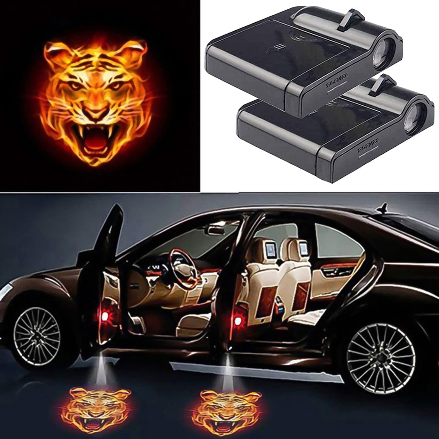 Bonnoeuvre 2 Stück Auto türlicht Logo-Projektor Universal Autotür Willkommen Light Muster Schatten Licht, Autotür Einstiegsbeleuchtung Projektor, Bild HD Projektor Willkommen Auto(fire tiger) von Bonnoeuvre