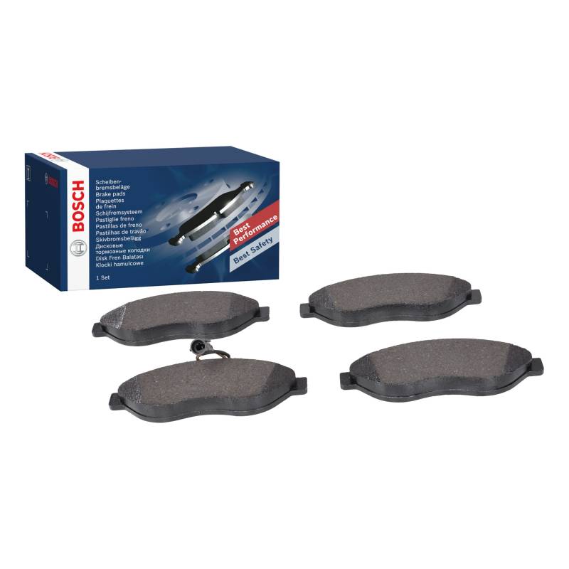 Bosch BP1021 - Auto Bremsbeläge vorne - Bosch-Qualität - für leises Bremsen mit wenig Staub - ECE-R90 zertifiziert - kupferfrei - 1 Set mit 4 Bremsbelägen - mit Zubehör von Bosch Automotive