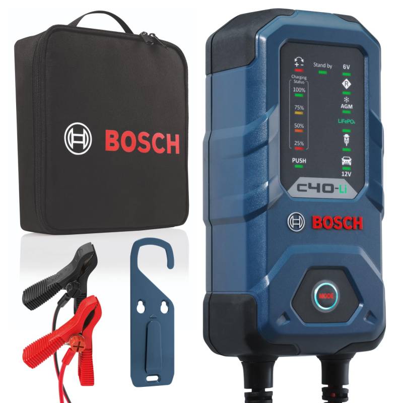 Bosch C40-Li Batterieladegerät, 5 Ampere, mit Erhaltungsladungs-Funktion - Autobatterie-Ladegerät für 6 V / 12 V Blei-Säure-, AGM-, EFB-, Gel-, SLI- Batterien sowie 12 V Lithium- (LiFePO4) Batterien von Bosch Automotive