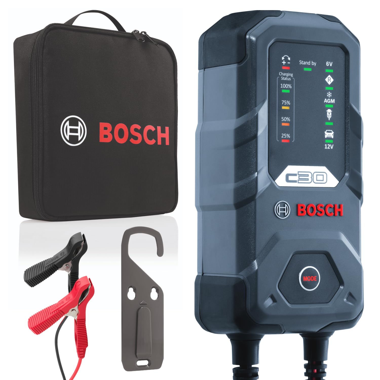 Bosch C30 Kfz-Batterieladegerät, 3,8 Ampere, mit Erhaltungsfunktion - für 6 V / 12 V Blei-Säure, WET, EFB, GEL, AGM und offene VRLA-Batterien von Bosch Automotive