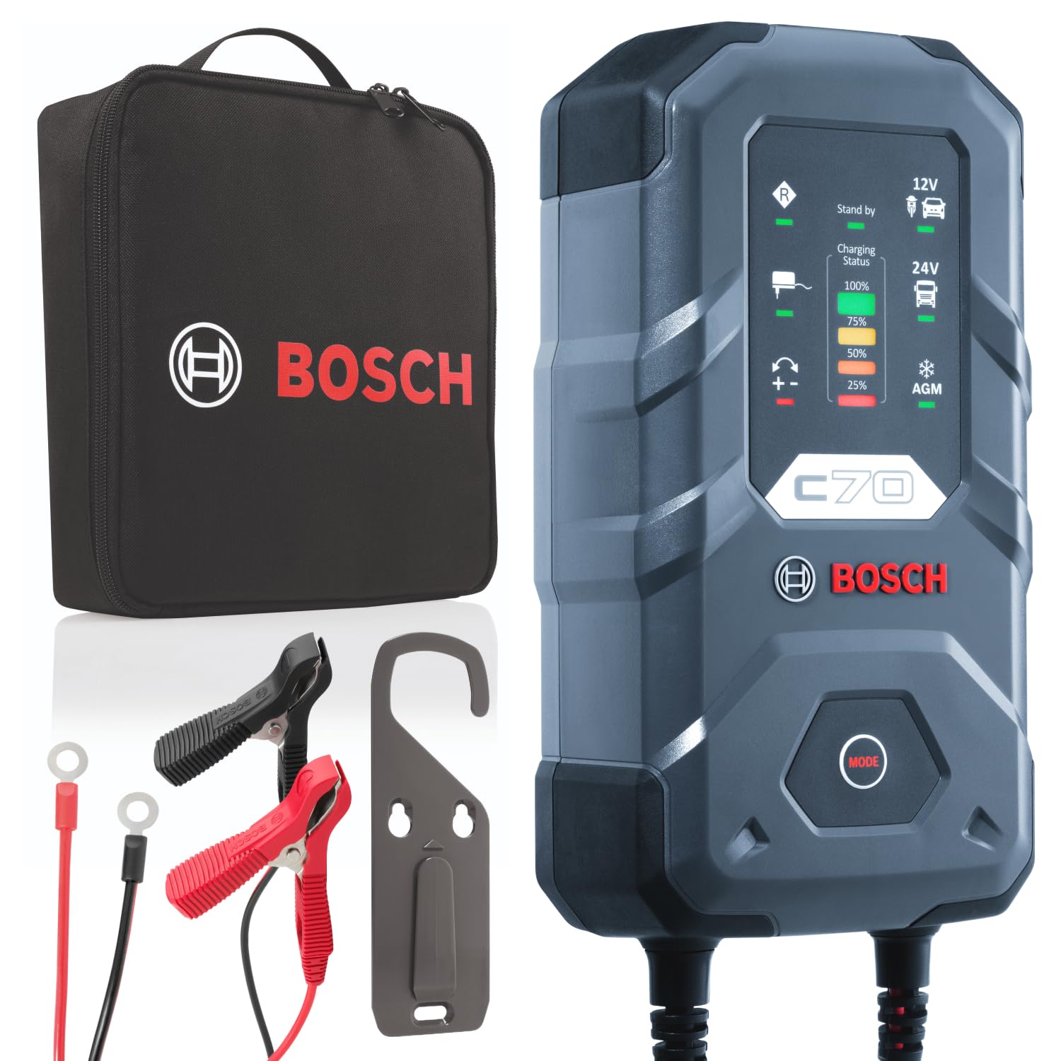 Bosch C70 Kfz-Batterieladegerät, 10 Ampere, mit Erhaltungsfunktion - für 12 V / 24 V Blei-Säure, EFB, GEL, AGM und offene VRLA-Batterien von Bosch Automotive