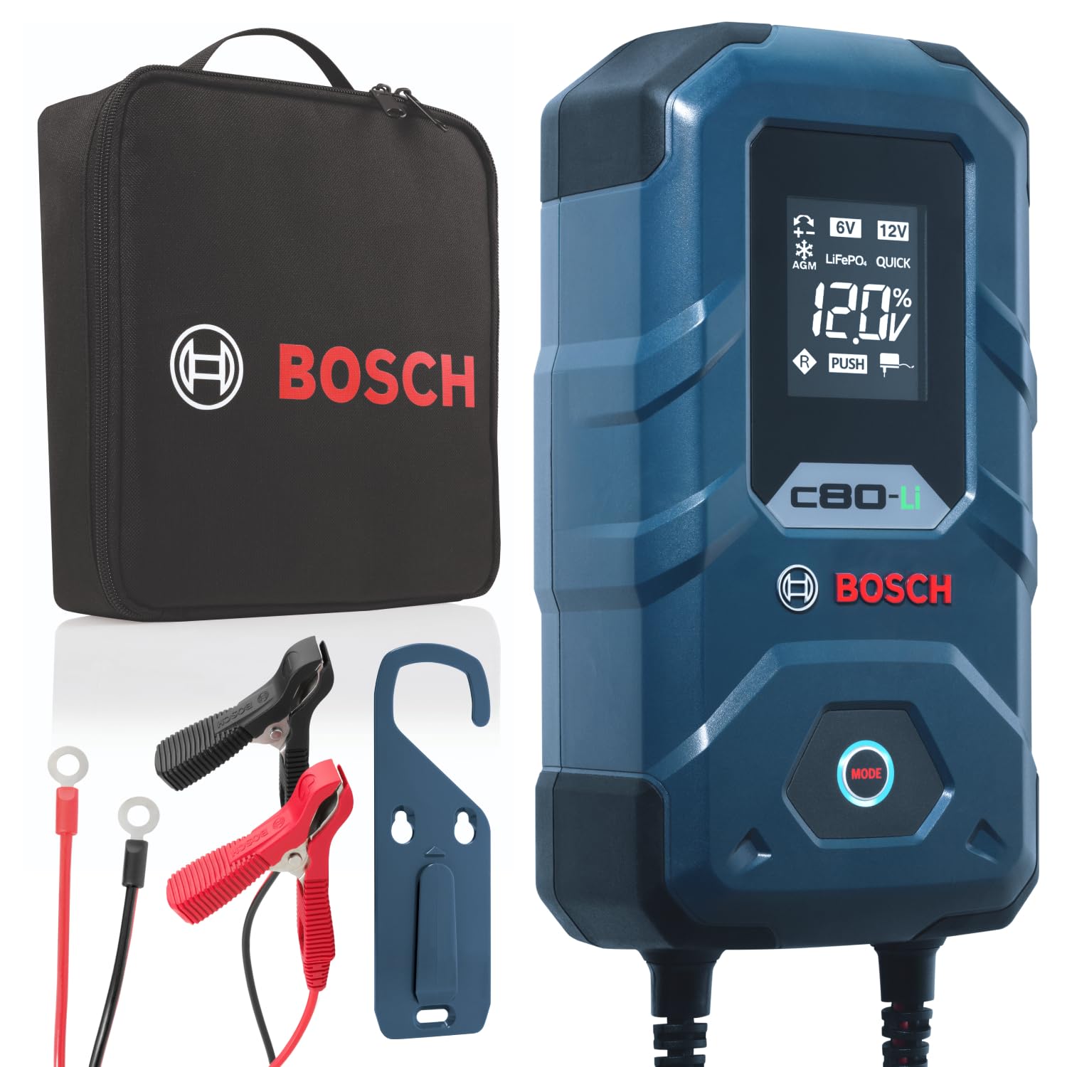 Bosch C80-Li Batterieladegerät, 15 Ampere, mit Erhaltungsladungs-Funktion - Autobatterie-Ladegerät für 6 V / 12 V Blei-Säure-, AGM-, EFB-, Gel-, SLI- Batterien sowie 12 V Lithium- (LiFePO4) Batterien Bosch C80-Li Batterieladegerät, 15 Ampere, mit Erhaltungsladungs-Funktion - Autobatterie-Ladegerät für 6 V / 12 V Blei-Säure-, AGM-, EFB-, Gel-, SLI- Batterien sowie 12 V Lithium- (LiFePO4) Batterien von Bosch Automotive